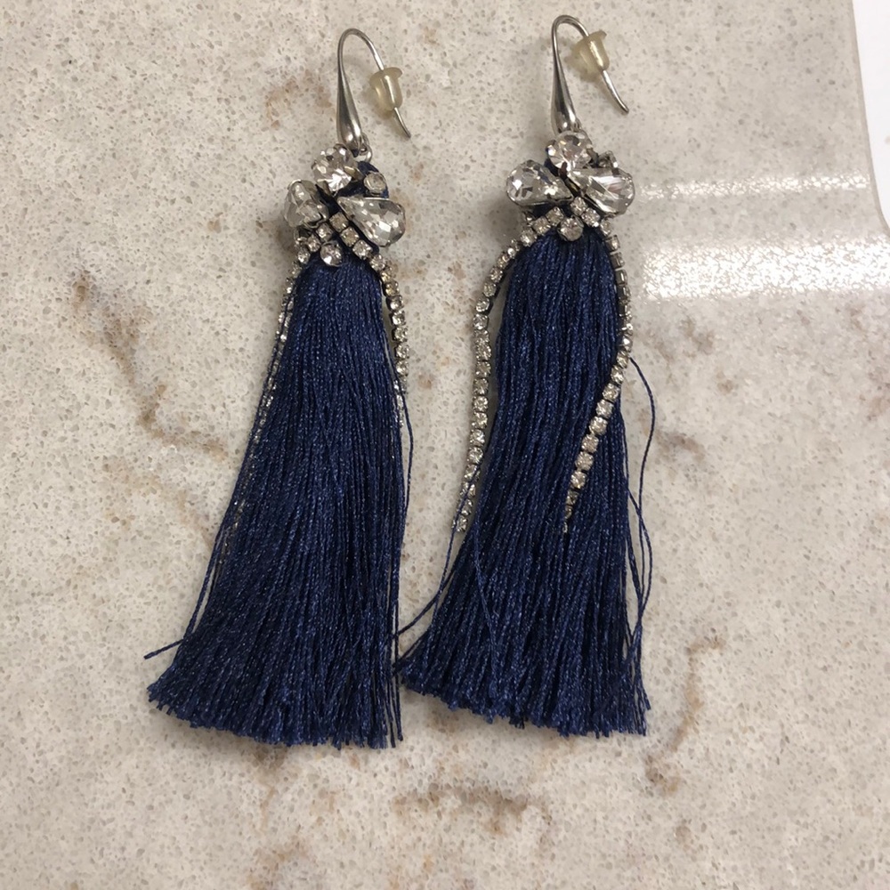 Anthropologie Navy Blue Tassel Statement Earrings